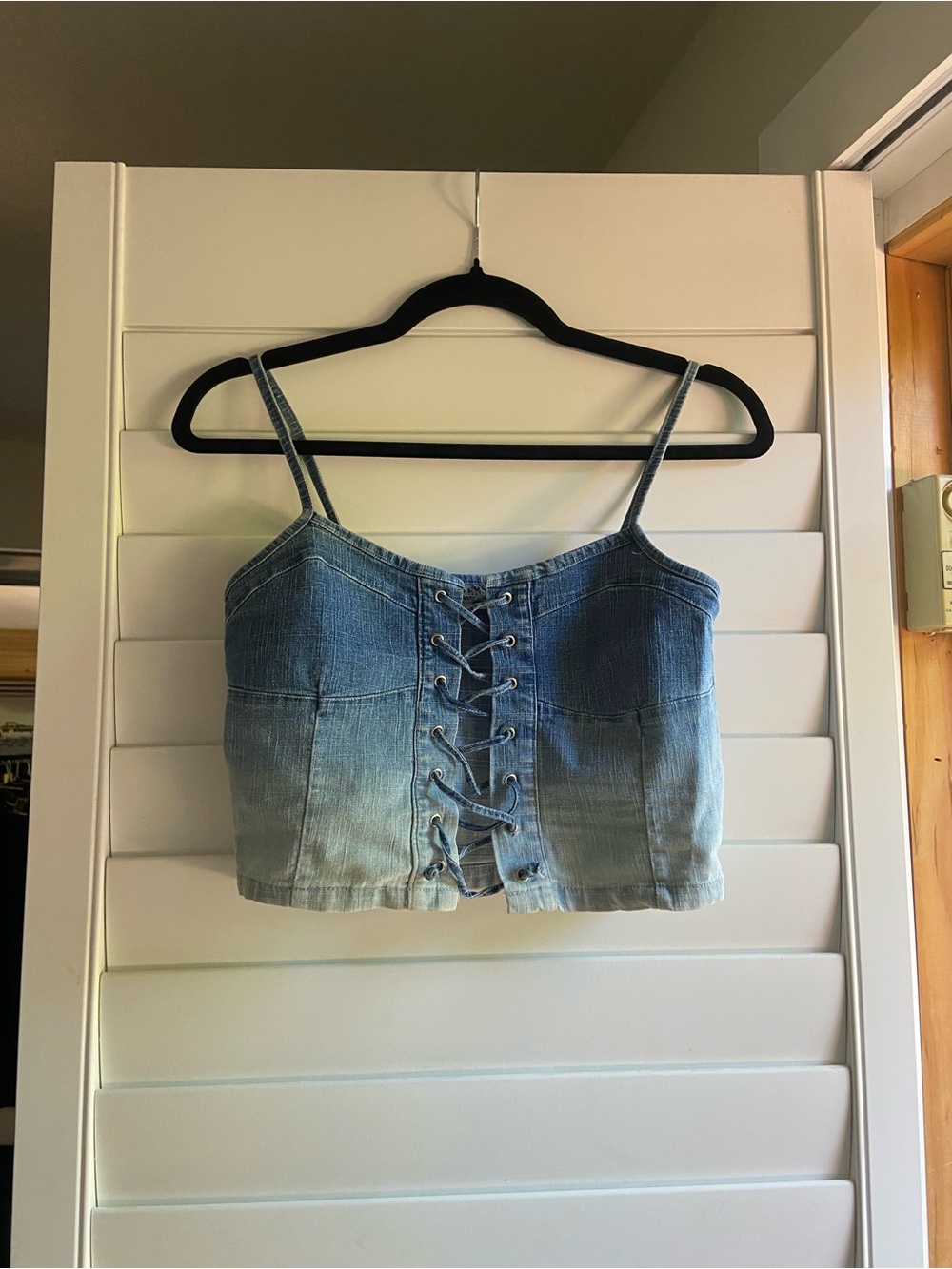 Lace-Up Denim Crop Cami Top - Light Blue